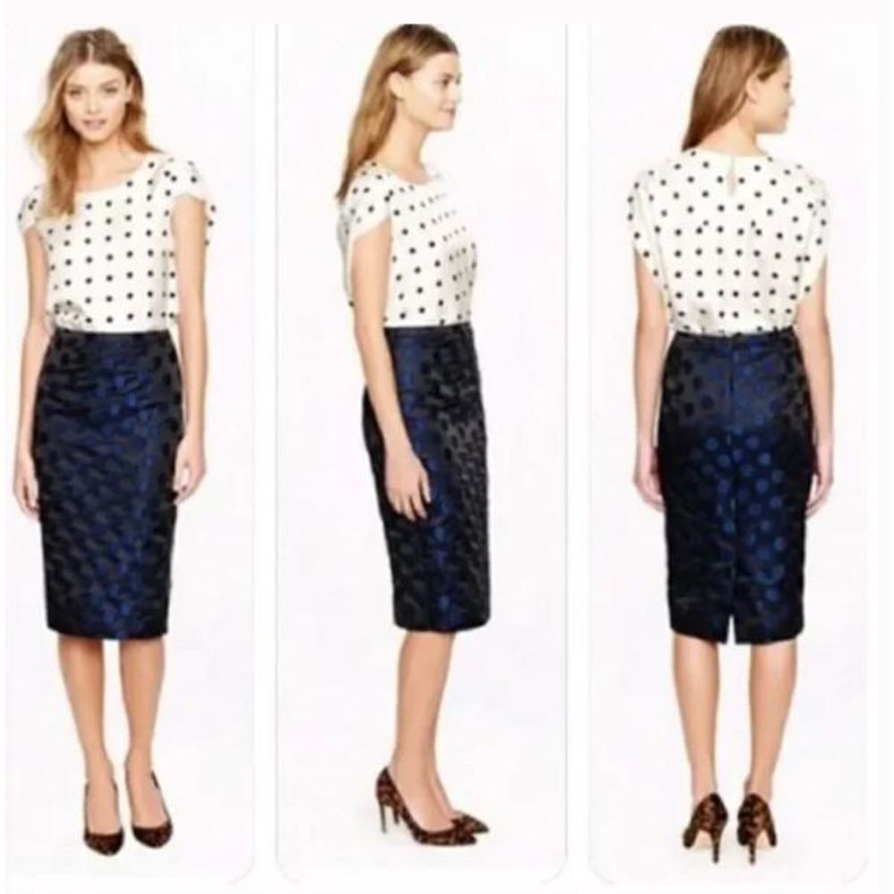 J Crew The Pencil Skirt navy on black polka dot size 0 skirt